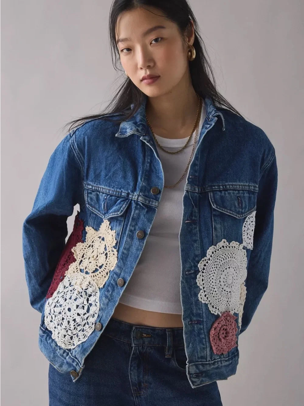 Denim Jacket with Crochet Doily Appliqués - Blue